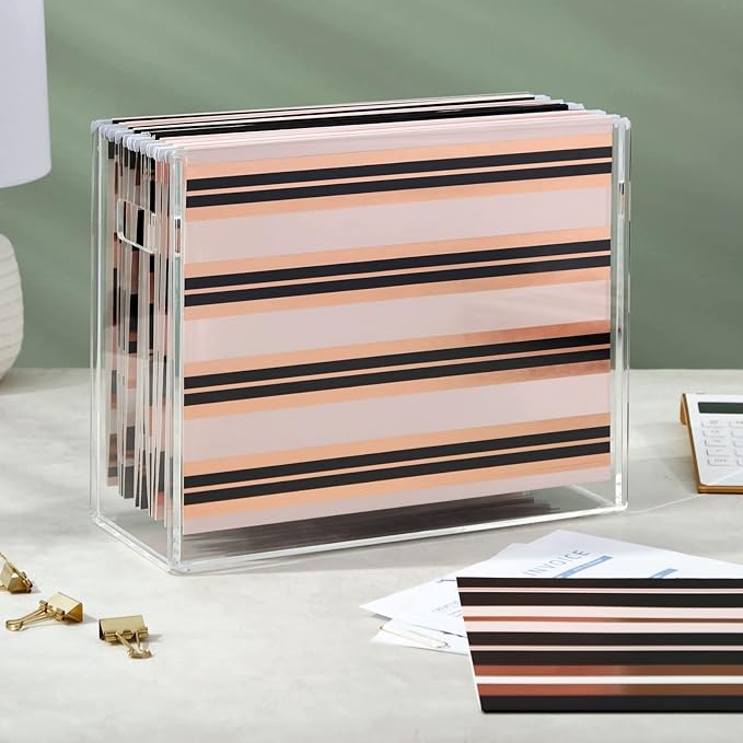 12 Pack Decorative Hanging File Folders, Letter Size, 1/5 Cut Tabs, Rose Gold Foil Stripes (9.5 x 11.5 in)