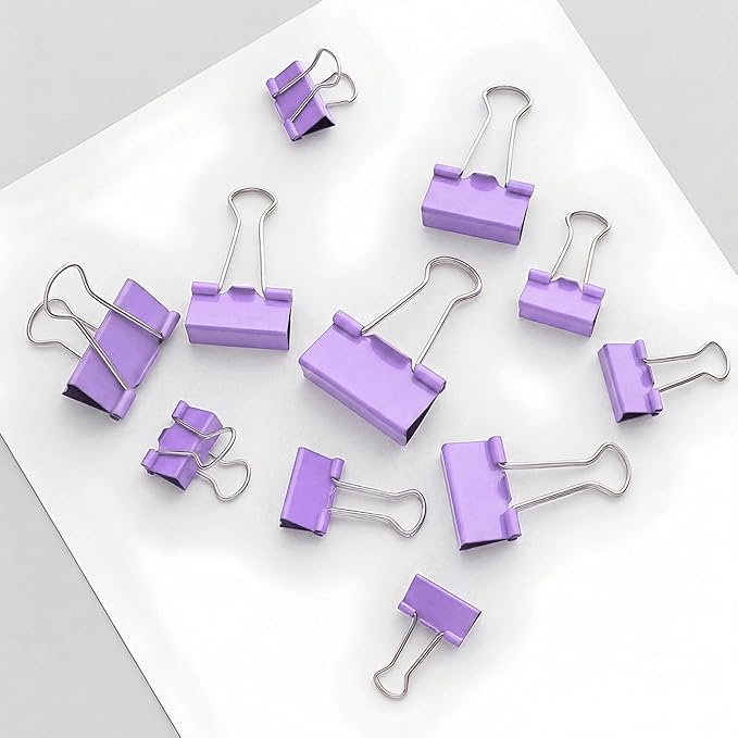 130 Pack Macaron Purple Binder Clips Assorted Sizes, Large Medium Small Mini 4 Sizes Mix, Paper Clamps Metal Paper Clips Set for Office School Home Business Supplies