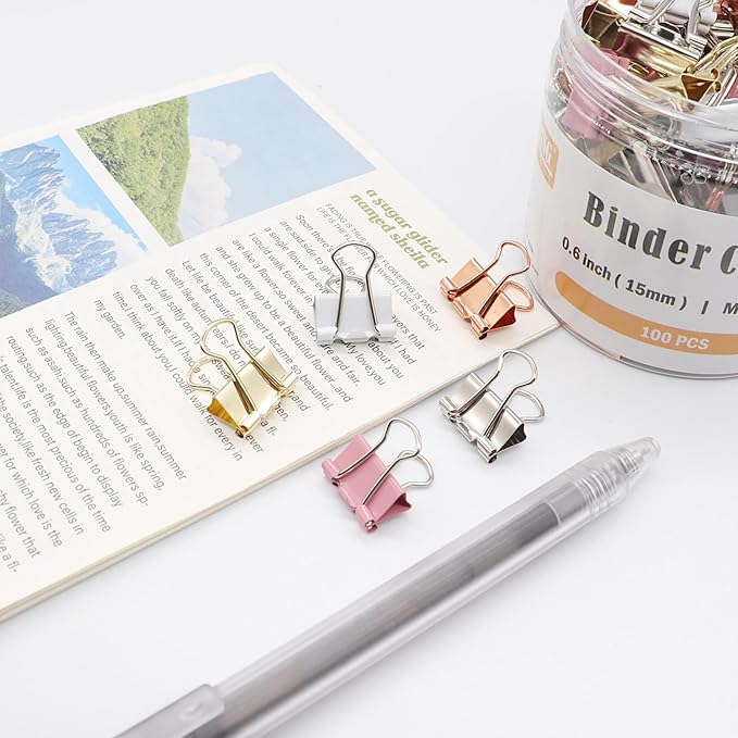 Mini Binder Clips, Paper Clip, Small Paper Clamps 15mm (5/8 inch), 100 Pack Micro Size Office Clips for Home School and Business (Multicolored)