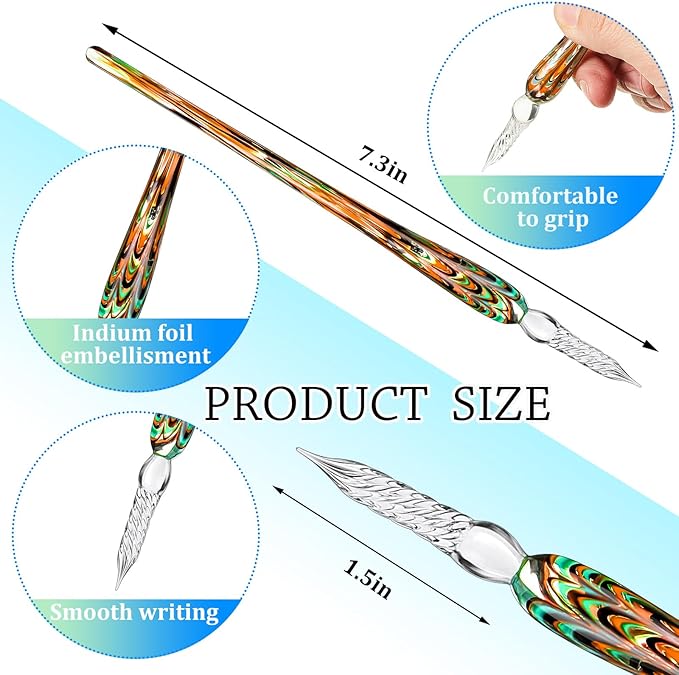 Zonon Glass Dipped Pen Ink Set 14 Pcs Include 6 Pcs Glass Dip Pen, 6 Colorful India Ink and 2 Holder Crystal Signature Calligraphy for Art, Writing, Gift(Green Color System)