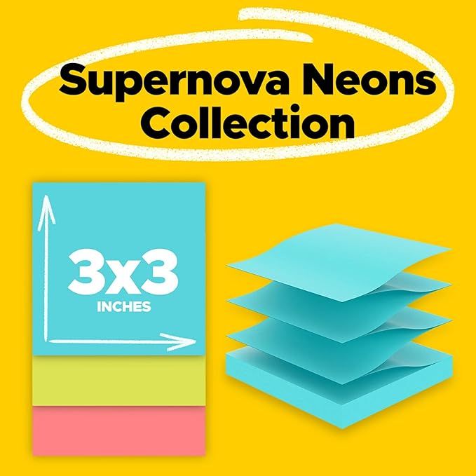 Post-it Super Sticky Dispenser Pop-up Notes, 10 Sticky Note Pads, 3 x 3 in., 2X The Sticking Power, New Year Organization or Second Semester School Supplies, Supernova Neons Collection