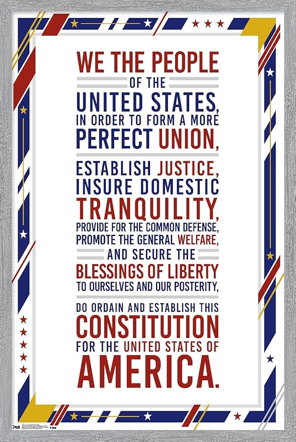 The United States Of America - Constitution Preamble Wall Poster, 22.4L" x 14.7W", Gray Framed Version