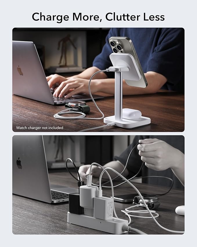 ESR 2 in 1 Charging Station for Apple, MagSafe Charger Stand for iPhone [Certified], Magsafe Charging Station for Multiple Devices iPhone 17/16/15/14/13/12, Apple Watch, & AirPods, White
