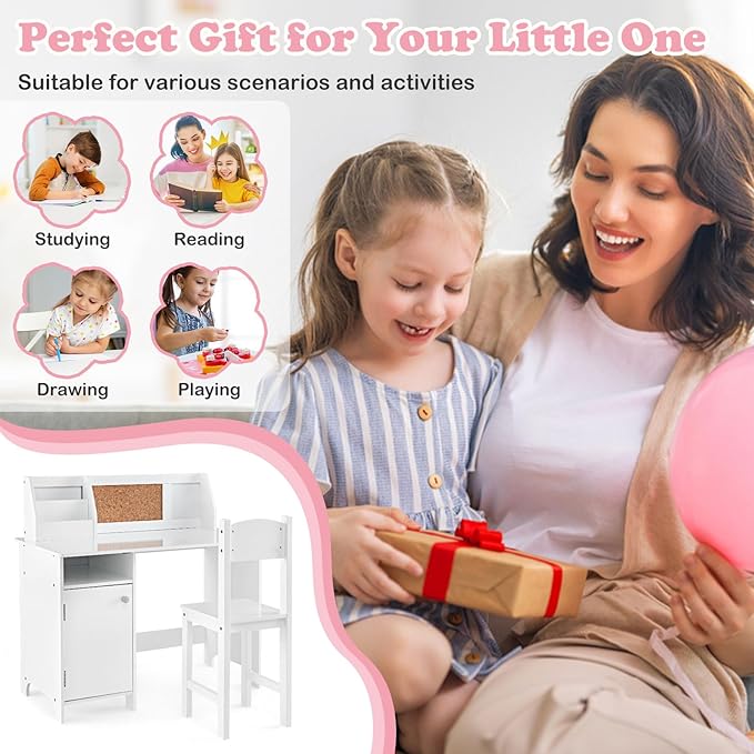 HONEY JOY Kids Desk and Chair Set, Wooden Children School Study Table and Chair w/Whiteboard, Hutch, Storage Shelves, Student Writing Desk Computer Workstation for Bedroom, 3+ Years Old (White)