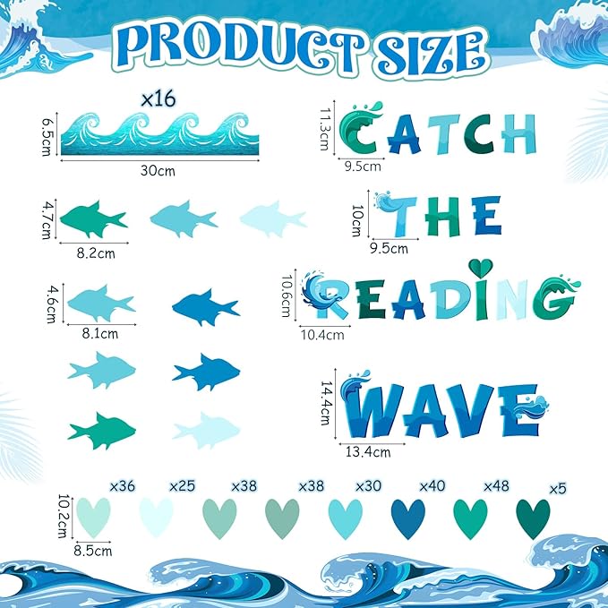 Epakh DIY Ocean Waves Bulletin Board Set Ocean Theme Classroom Decorations Blue and White Fish Heart Shaped Paper Cutouts with Waves Borders for Summer Back to School Office Library Supplies