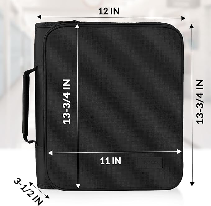 SUNEE Zipper Binder Bag with Handle, 2-Inch 3-Ring O-Ring, 500-Sheet Capacity, Includes Zip Pocket, 5-Tab Expanding File Folder, Multi-Pocket Organizer Binder for Middle School, Black