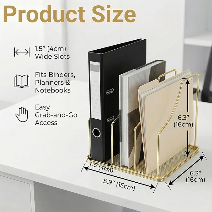 Simmer Stone 2-Pack Gold Metal File Organizer with Mesh Bottom - Vertical Magazine, Mail & Paper Sorter - 3-Slot Wire Rack for Office, Binders, Makeup Palettes - Aesthetic Desk Organizer