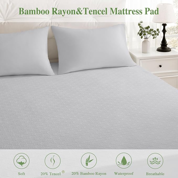 Full Size Mattress Protector, Waterproof Mattress Pad Washable Rayon Mattress Cover Breathable Noiseless Bed Protector 3D Patterns 5" - 21'' Elastic Fitted Deep Pocket(Light Grey)