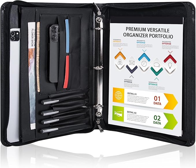 Black Vegan Leather Binder Portfolio for Women and Men,3 Ring Portfolio Binder with Zipper, A4 Planner Padfolio with Laptop Pocket,Legal Size Folio,Work padfolio Organizer for Women