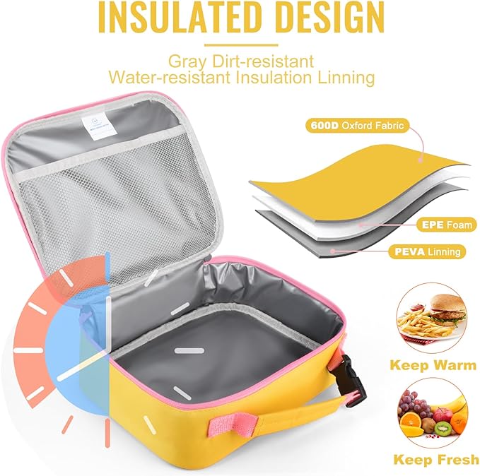 Genteen Lunch Box Lunch Bag for Kids Girls,Insulated Lunch Bag Women,Reusable Lunchbox for School,Work,Outdoor (Yellow)