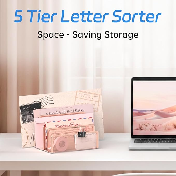 Mail Organizer Countertop with 5 Slot, Metal Mail Holder for Desk, File Holder Letter Sorter for Envelope, Bill and Document (Rose Gold)