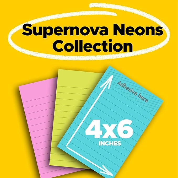 Post-it Super Sticky Notes 4645-3SSAN, 4 in x 6 in (101 mm x 152 mm), Supernova Neons Collection, Lined, 3 Pads/Pack - (24 Pack)