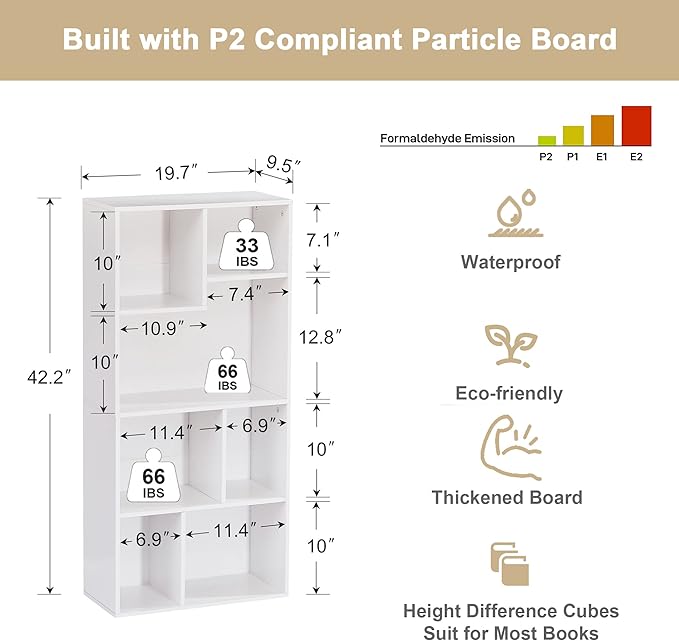 VECELO 42" Modern White Bookshelf, 7 Cube Organizer Bookcase,Fits Tallest Hardcovers, Horizontal Available,Floor Standing Display,Easy Assembly,White