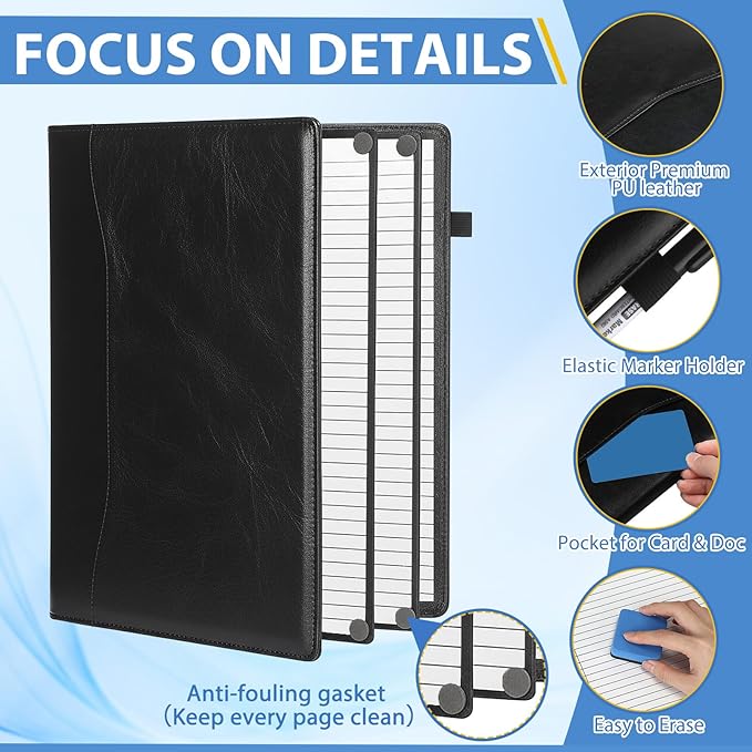6 Sides Dry Erase Notebook Portable Whiteboards Notebook Small Reusable College Ruled Lined Board Folding Mini Travel Dry Erase White Board for Office Study(Black,A4: 9 x 12 Inches)