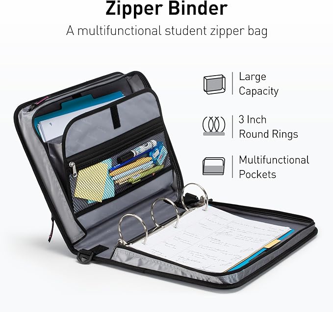 3-Inch Zipper Binder, 3 Rings Binder with Expanding File and Shoulder Strap, Rose