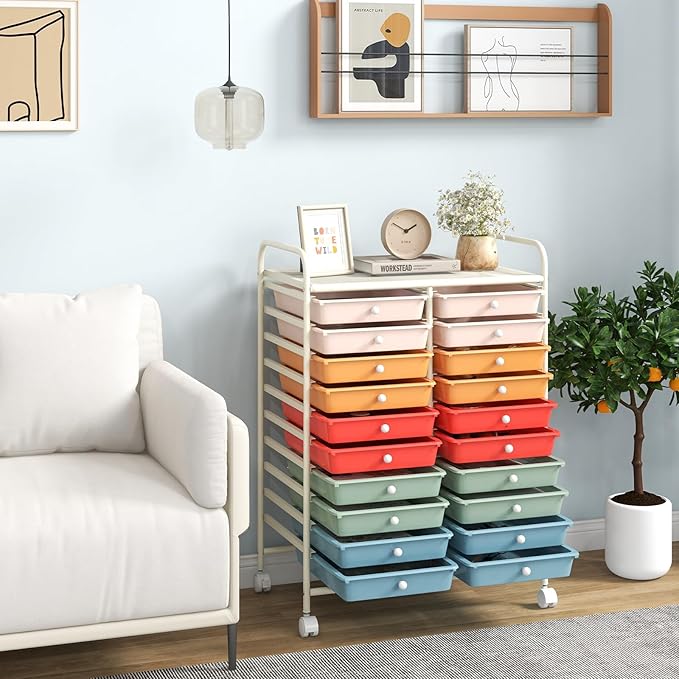 COSTWAY 20-Drawer Rolling Storage Cart, Multipurpose Storage Trolley on Wheels for Home Office, School, Macaron