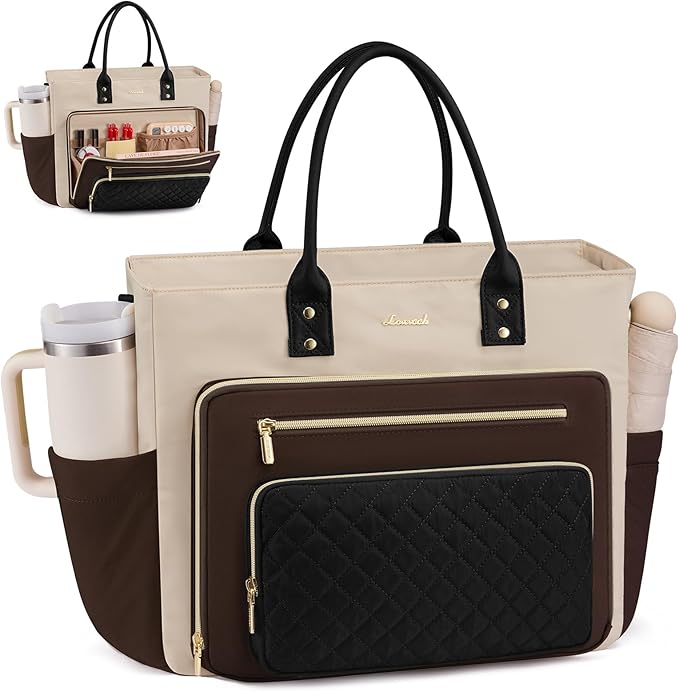 LOVEVOOK Laptop Tote Bag for Women With Large Cup Holder, Work Bags Teacher Nurse Bag, 15.6 Inch Professional Briefcase Business Travel Large Purses Handbag Gifts, Diaper Bag With Multi-Pockets