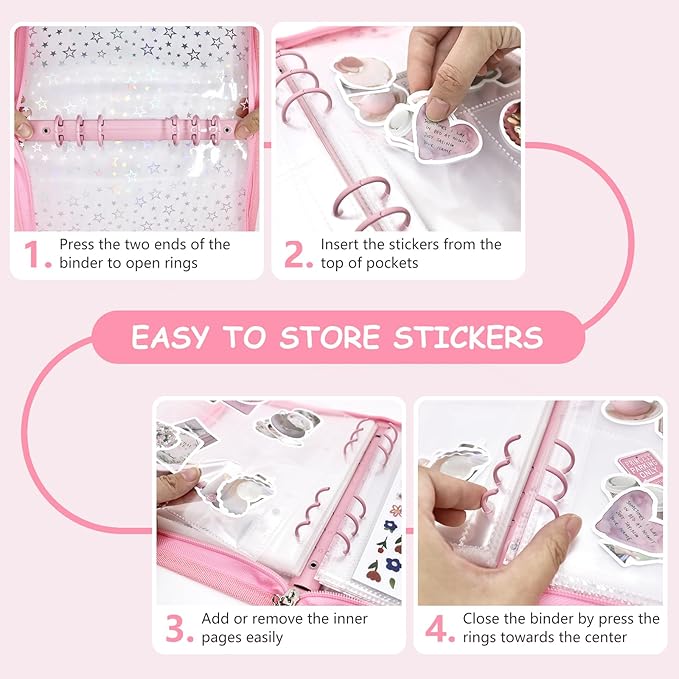 Sticker Storage Organizer Binder A5 Sticker Collecting Book Reusable Zipper Album with Clear Laser Star Cover and Pocket Pages (Pink)