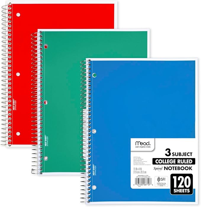 Mead Spiral Notebook, 3 Subject, College Ruled Paper, 8" x 11", 120 Sheets, Color Will Vary (820394-25)