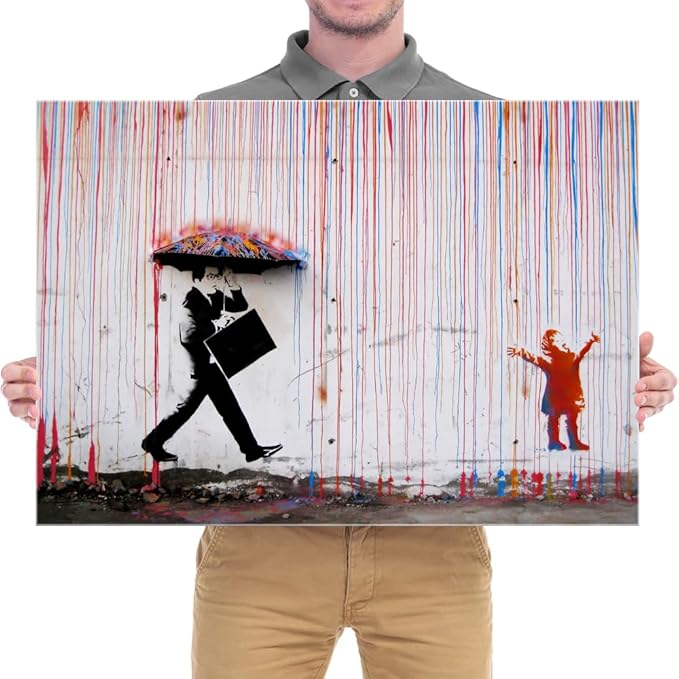 Wieco Art Banksy Raining Day or Colorful Graffiti Street Famous Canvas Prints Wall Art Modern Inspirational Grey Love Pictures Print Artwork for Kitchen Home Office Decor