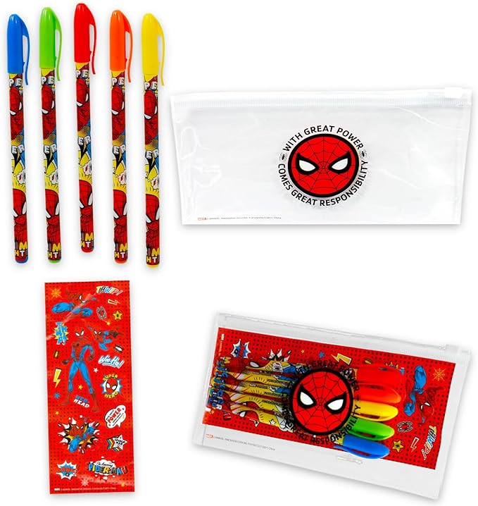 Spiderman Pencil Box Set - Marvel School Supplies Bundle with Spider-Man Pencil Case, Pens, Bookmark, Stickers, More | Spiderman Stationery Set for Kids, Boys, Toddlers