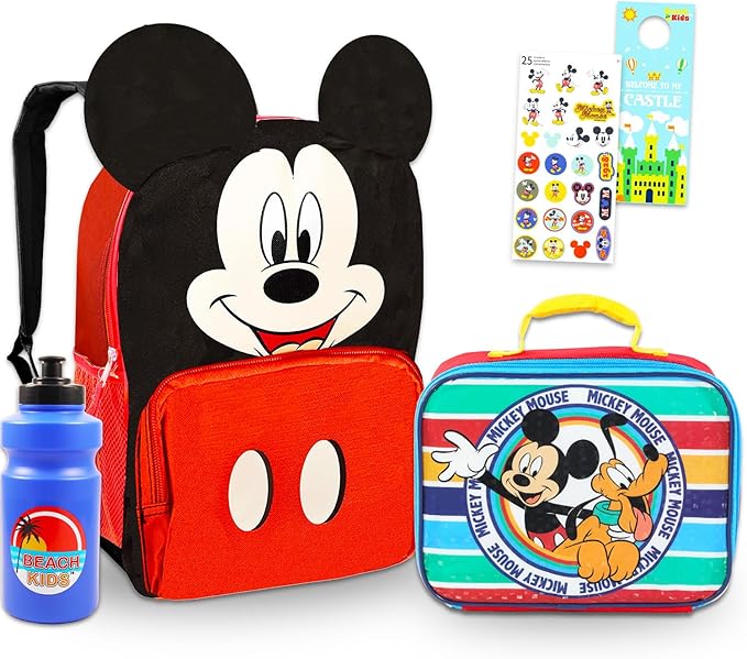 Disney Mickey Mouse Mini Backpack with Lunch Box Set - Bundle 12" Mini Backpack, Lunch Bag, Stickers, Water Bottle, More | Toddler Mickey Mouse School Bag and Lunchbox