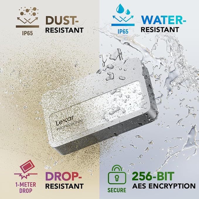 Lexar 1TB Professional Go Portable SSD w/Hub, Supports Apple 4K 60fps ProRes, Up to 1050MB/s, USB 3.2, Rugged, IP65, Ultracompact, Compatible w/iPhone 15/16 (Not 17), External SSD (LSL400S001T-RNSNU)