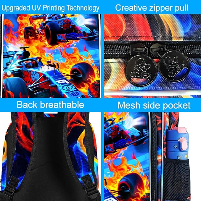 KLFVB 3PCS Boys Backpack, 17" Race Car Bookbag and Lunch Box, Water Resistant Teenagers School Backpacks for Middle Elementary - Flame Race Car