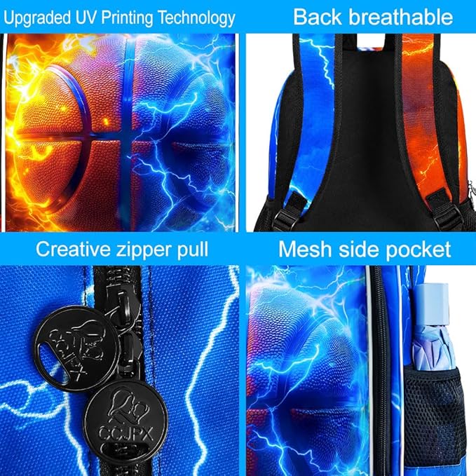 gxtvo 3PCS Boys Basketball School Backpack, 17" Kids Bookbag with Lunch Box, Water Resistant Middle Elementary School Bag - Fire & Lightning Basketball