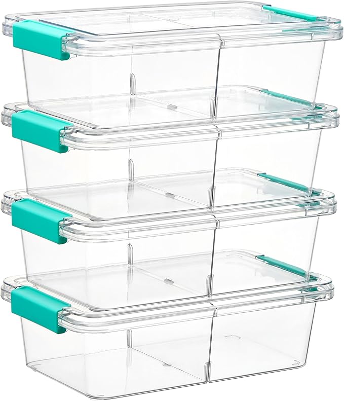 Vtopmart 4 Pack 1.5 Qt Clear Pencil Box, Plastic Pencil Holder with Removable Divider for Pen Organizer, Stackable Containers with Lid for Pen, Art Craft, Sticker, Scrapbook & Office Supplies