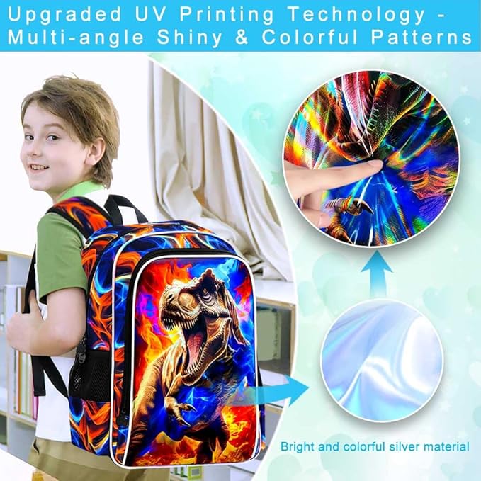 KLFVB 3PCS Boys Bookbag Set, 17" Dinosaur Bookbag and Lunch Box, Water Resistant Teenagers School Backpacks for Middle Elementary - Flame T-Rex