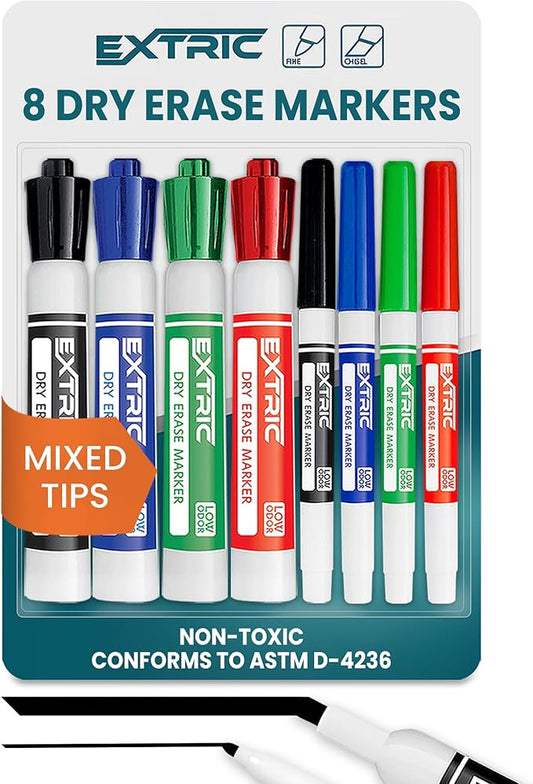 EXTRIC Dry Erase Markers, Whiteboard Markers Fine Tip and Chisel Tip, 8 White Board Marker Dry Erase, Mixed Tip 4 Thick and Thin White Board Marker for School Supplies, Teachers and Students