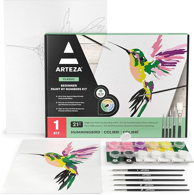 ARTEZA Paint by Numbers for Adults, 12x16 Inches, 21-Piece Hummingbird Painting Kit, Includes Canvas Panel, 12 Acrylic Paint Pots & 5 Paintbrushes for Home & Office Decor