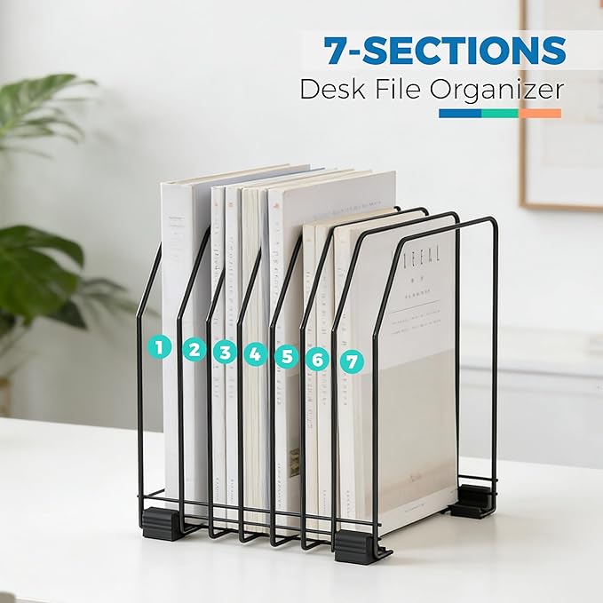 File Organizer for Desk, 7-Section Vertical File Sorter, Paper Holder Organizer Standing Metal File Folder for Office Home Classroom, Black (2Pack)