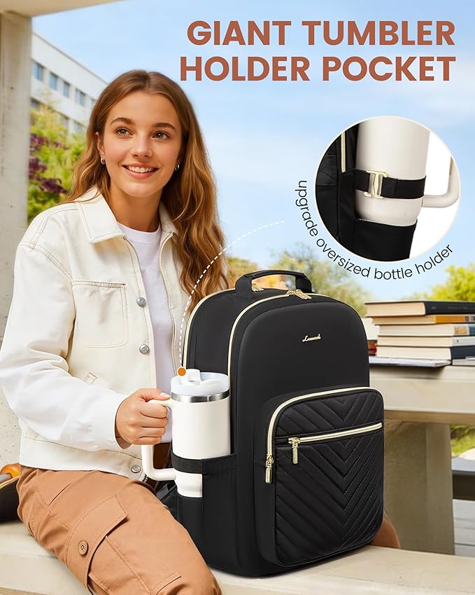 LOVEVOOK Laptop Backpack for Women with Giant Tumbler Holder 15.6 inch,Designer Travel Backpack Laptop Bag College Backpack,Quilted Work Nurse Teacher Backpack Purse Computer Bag Casual Daypack, Black