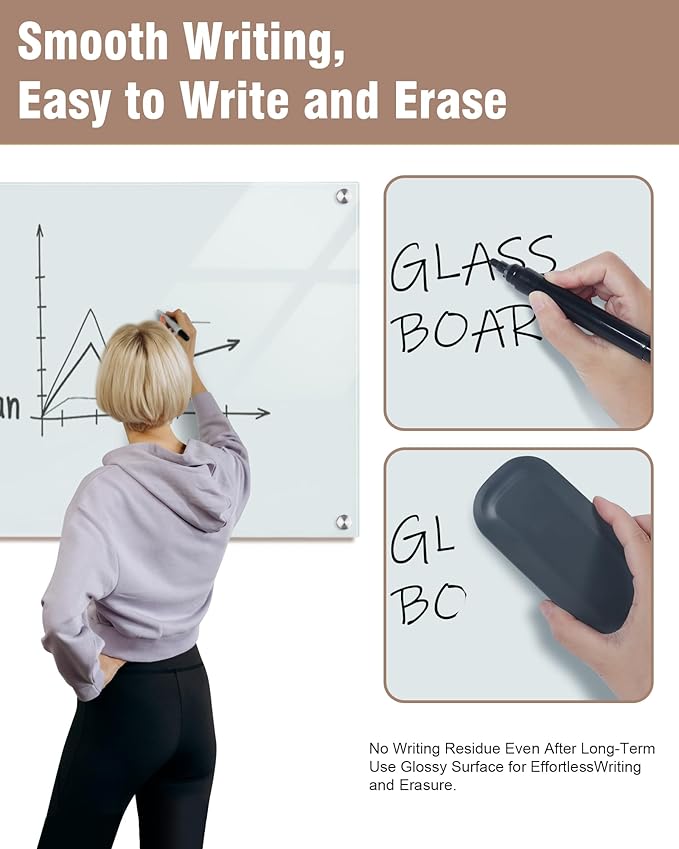 Mifuro Magnetic Glass Whiteboard，24"x18" Wall Mounted Frameless Dry Erase Board for Office, Home & School White