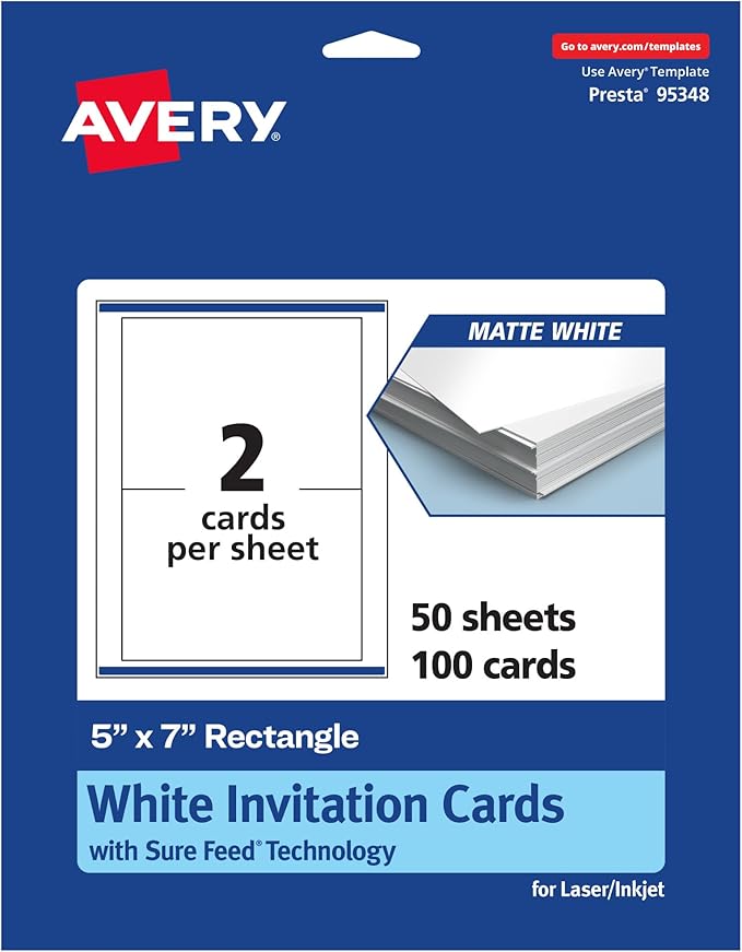 Avery Printable Rectangle Cards, Sure Feed Technology, 5" x 7", Matte White Cardstock, Laser/Inkjet Printable, 100 Total, Great for Invitations and Thank You Messages