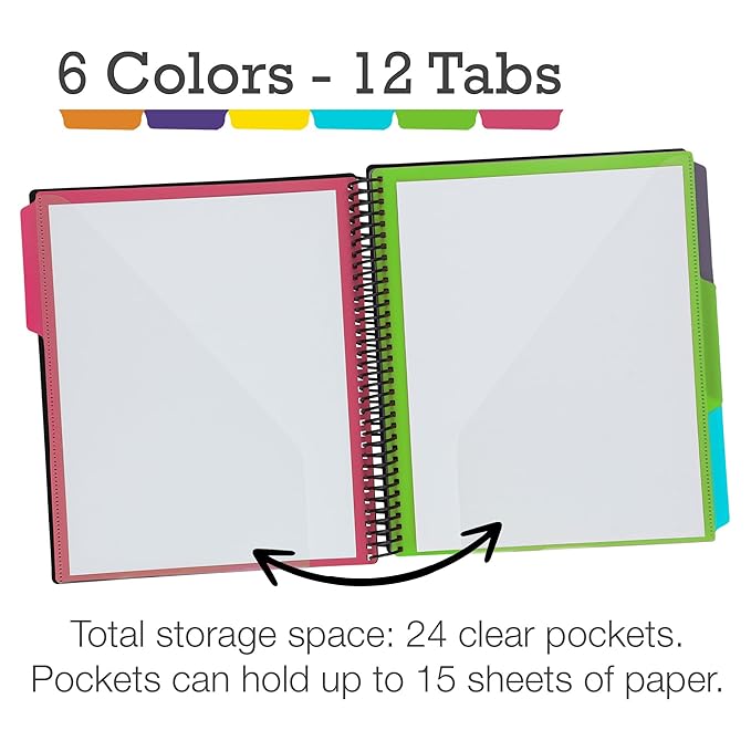 Samsill Spiral Folder Organizer - 12 Dividers & 24 Pockets with Zipper Pouch, Multi Pocket Color Cordinated Folder Binder with Customizable Tabs, Document Organizer (Fashion)