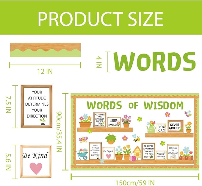 Spring Flower Bulletin Board Decorations Set Inspirational Bookshelf Classroom Decorations March April Floral Cutout Words of Wisdom Bulletin Decor with Border for Wall Door Library Home Office School