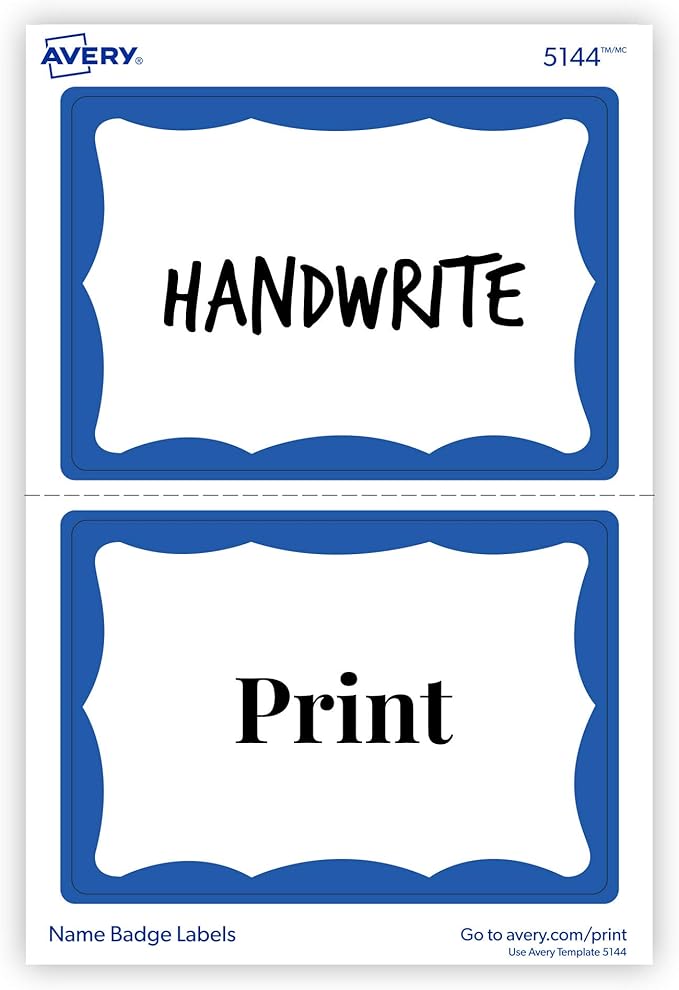 Avery Customizable Name Tags, 2-1/3" x 3-3/8", White with Blue Border, 100 Removable Name Badges (05144)