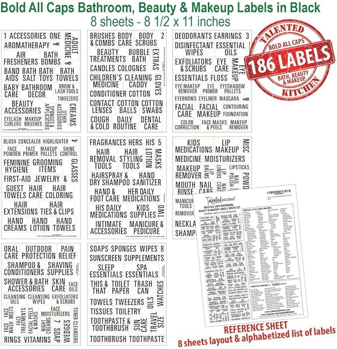 Talented Kitchen Bathroom Vinyl Labels - Waterproof Stickers for Bathroom Storage Cabinet - Preprinted Face Soap Stickers for Makeup Organizer - Cosmetic Labels for Beauty Storage - 186-Pack
