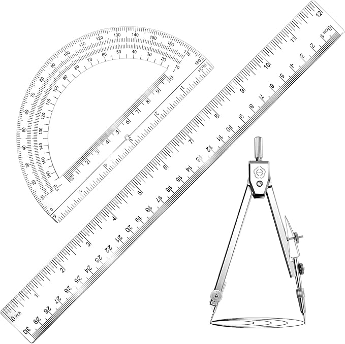 Zonon 3 Pcs Plastic Ruler 6 Inch Protractor Drawing Compass Set, Student Geometry Math Transparent Measuring Tools for Home School Classroom Office Supplies(12 Inch,Clear)