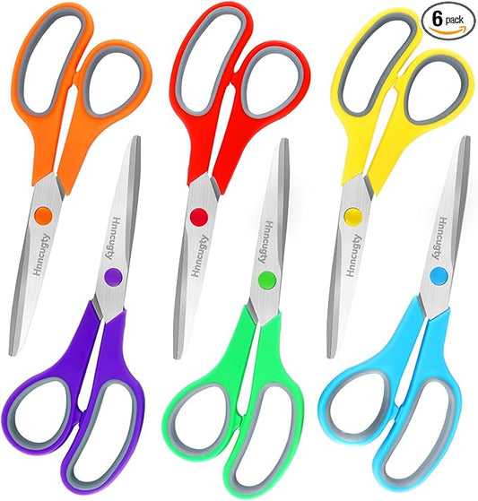 Scissors, Hnncugty 8" Scissors All Purpose Bulk Set of 6-Pack, Sharp Shears for Office Home Craft Sewing Fabric, High/Middle School Supplies Student Teacher Supplies, Comfort Grip Right/Left Handed