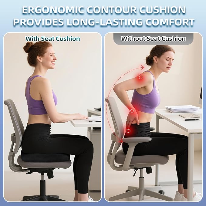 Seat Cushion for Office Chair Memory Foam Coccyx Pain Relief Cushion Pillow for Back Support Non-Slip Seat Pad for Office Desk (Black)
