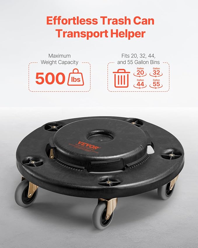 VEVOR Trash Can Dolly, Fit 20, 32, 44, 55 Gallon Containers, 2 Packs Round Trash Can Roller Base with 4 Swivel Wheels, 500lbs Heavy Duty Barrel Dolly, Multi-Functional Rolling Cart
