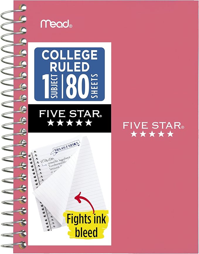 Five Star Spiral Notebook, 1 Subject, College Ruled Paper, 4-3/8" x 7", Personal Size, 80 Sheets, Fights Ink Bleed, Water Resistant Cover, Prom Pink (450048R)
