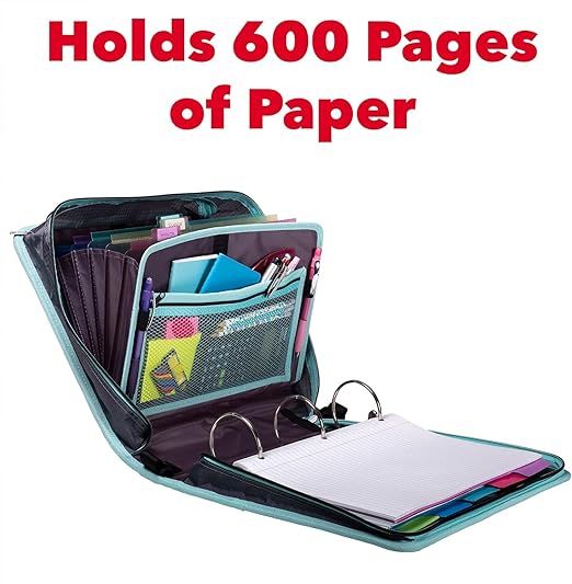Case-it Mighty Zip Tab School Zipper Binder | 3-Inch O-Rings, 600-Sheet Capacity, 5-Subject Expanding File Folder, Multiple Pockets & Storage Organizer, Shoulder Strap | D-146 Light Blue Daisy