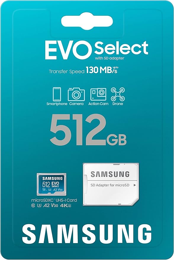 SAMSUNG EVO Select Micro SD-Memory-Card + Adapter, 512GB microSDXC 130MB/s Full HD & 4K UHD, UHS-I, U3, A2, V30, Expanded Storage for Android Smartphones, Tablets, Nintendo-Switch (MB-ME512KA/AM)
