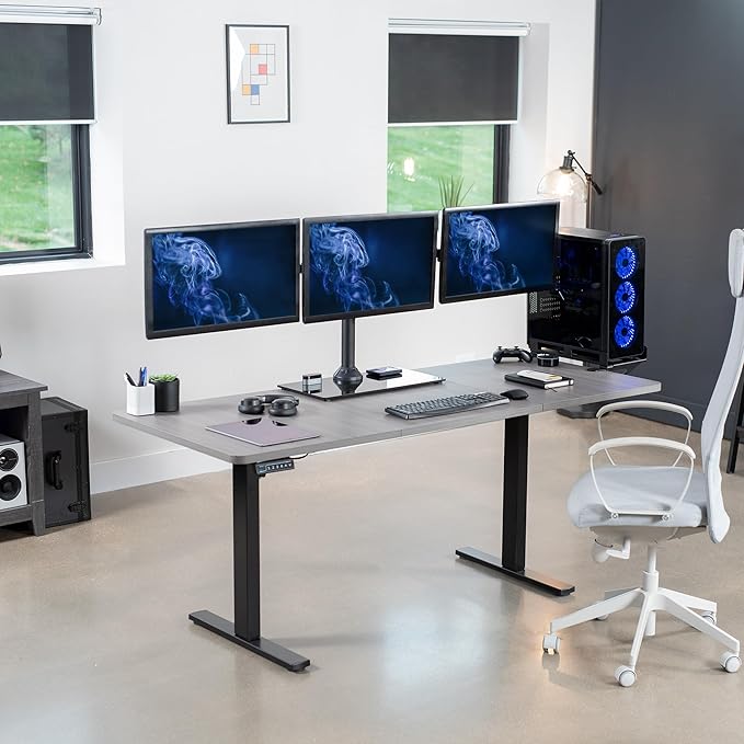 VIVO Black Triple Monitor Mount Freestanding Desk Stand with Glass Base, Heavy Duty Fully Adjustable Stand for 3 Screens up to 24 inches STAND-V003FG