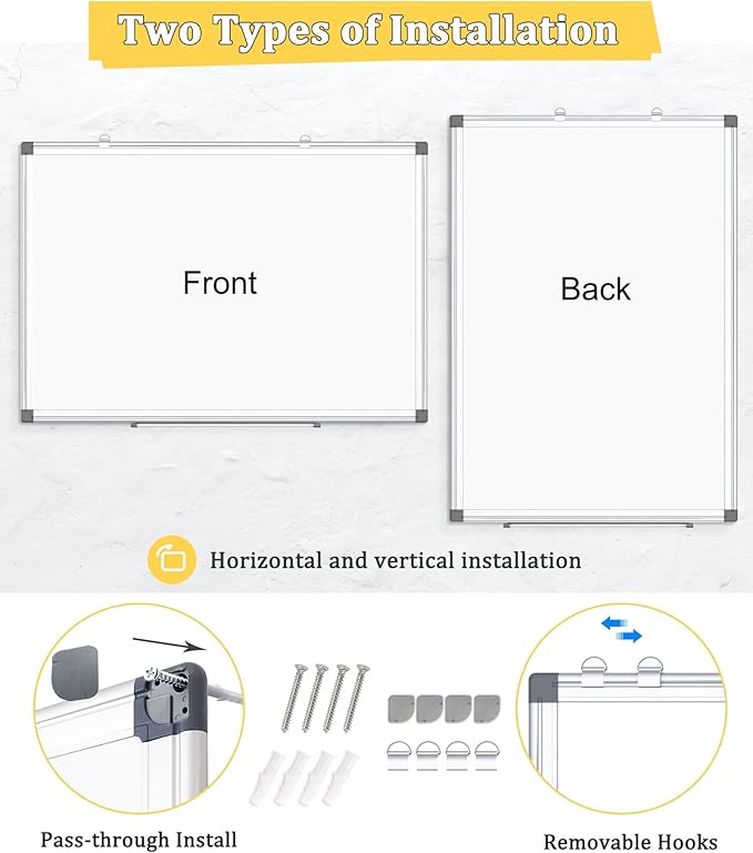 Double-Sided Magnetic Whiteboard, 24" x 18" Dry Erase Board Aluminum Frame for Wall, White Board Marker Board for Kitchen, Memo, School, Home, Office